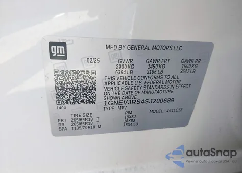 2025 Chevrolet Traverse Awd Z71 z USA, uszkodzony, nr VIN 1GNEVJRS4SJ200689